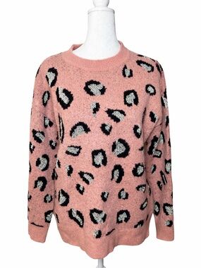 Anne Klein Cozy Pink Leopard Print Crewneck Sweater